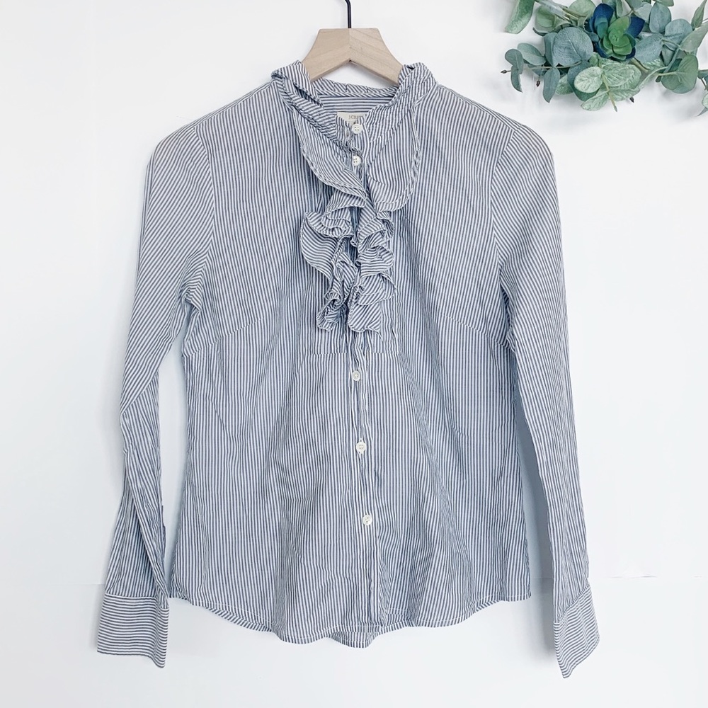 J.CREW Striped Frances Tuxedo Ruffle Button Up Top - Picture 1 of 6